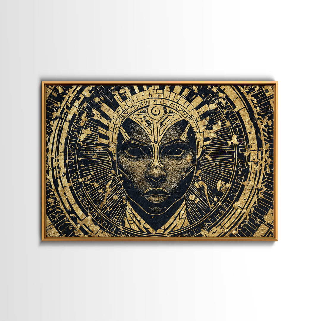 Gold Black Tribal Mask Face Wall Art, African Abstract Portrait Canvas Print, Spiritual Statement Decor For Living Room Gift