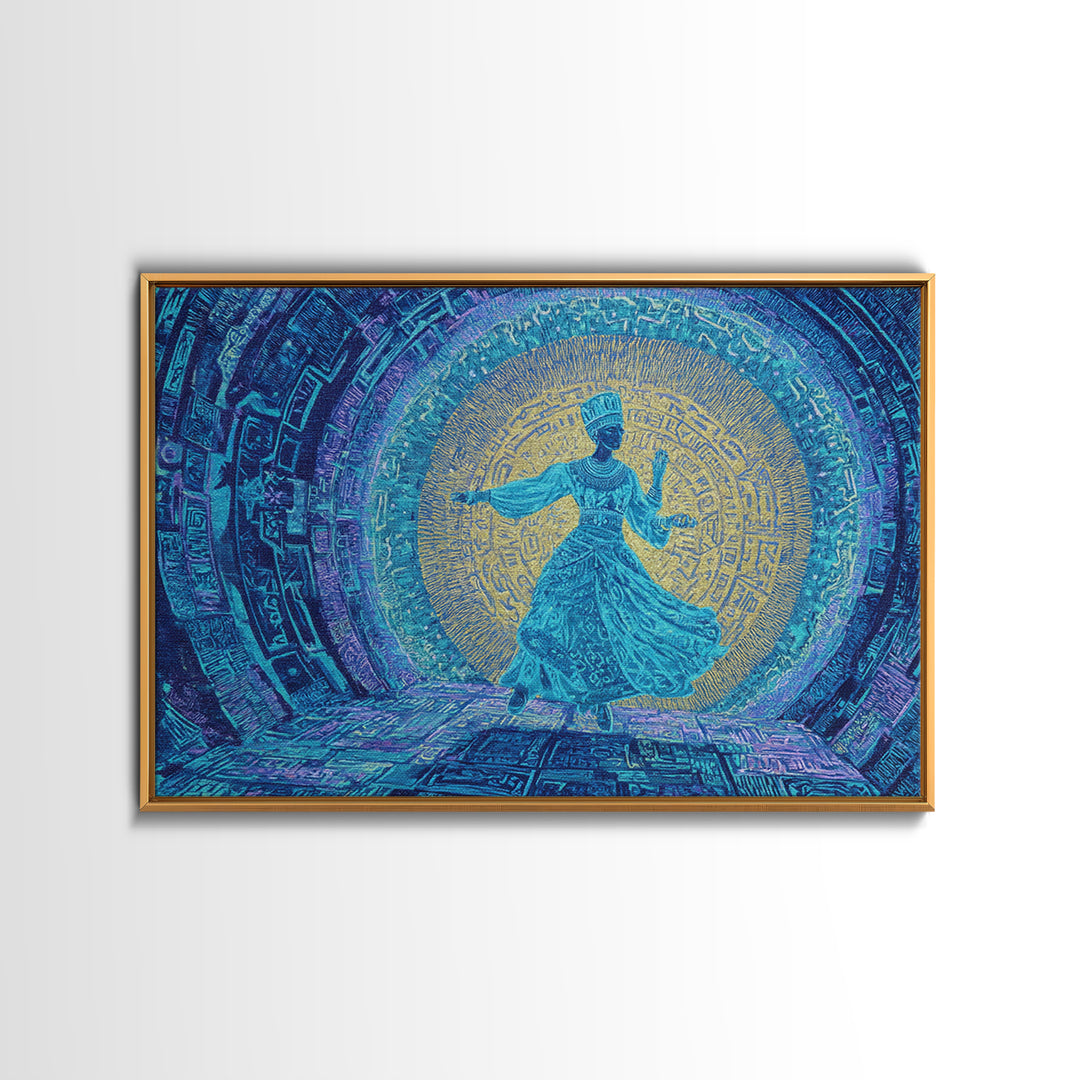 Ethereal Blue Whirling Dancer Portal Wall Art, African Inspired Spiritual Wall Decor, Teal Gold Boho Modern Canvas Print