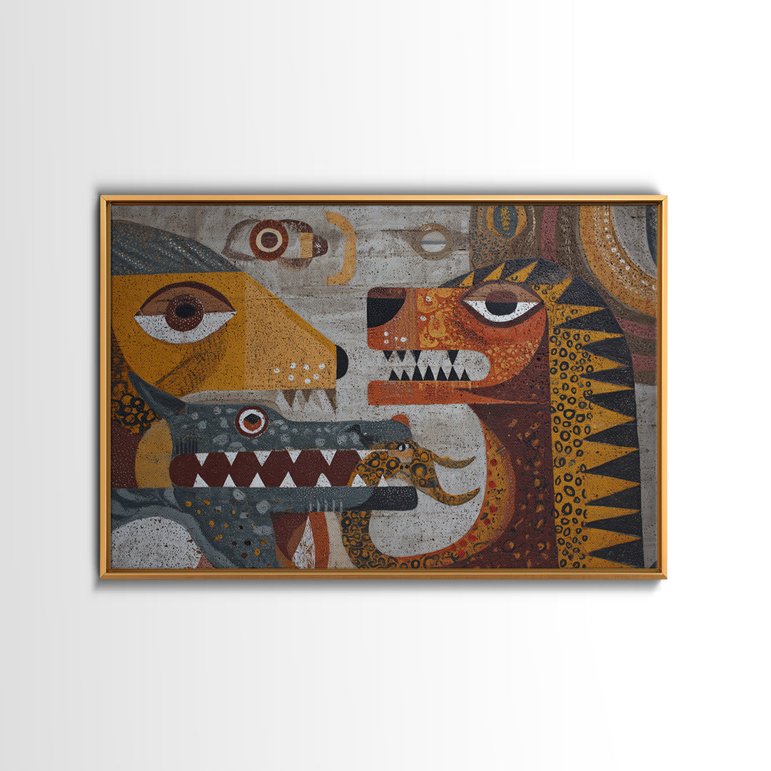 Cubist Tribal Animal Masks Wall Art, African Inspired Abstract Painting, Earth Tone Safari Decor, Modern Canvas Print Gift