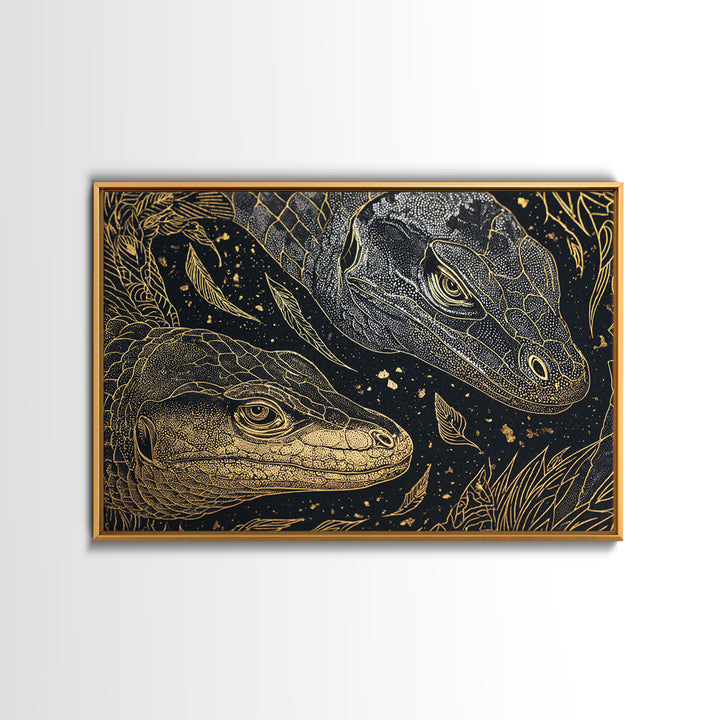 Black And Gold Lizard Pair Wall Art, African Animal Art Print, Elegant Reptile Home Decor, Luxury Canvas Print, Nature Gift