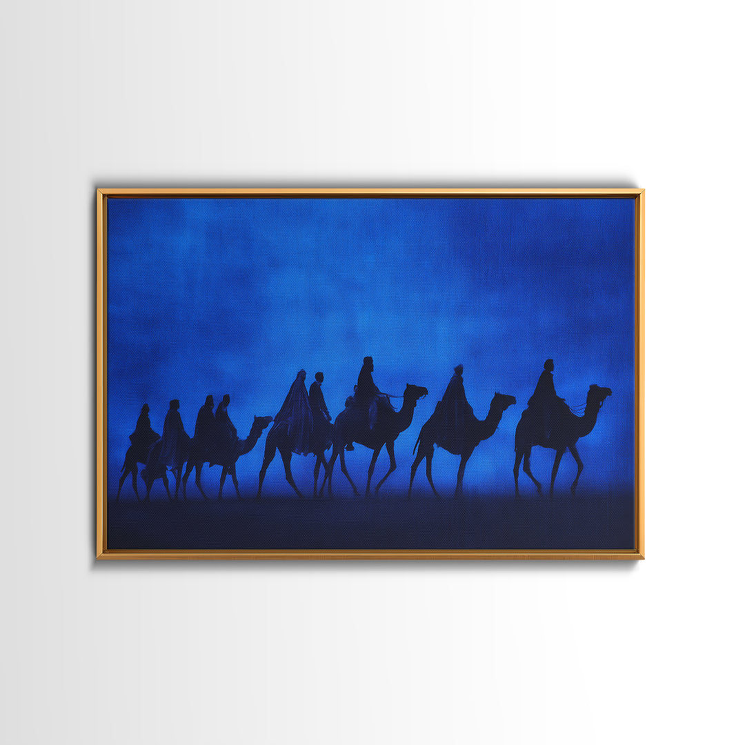 Blue Desert Camel Caravan Silhouette Wall Art, African Travel Poster, Sahara Safari Decor, Minimalist Canvas Print Gift For Him