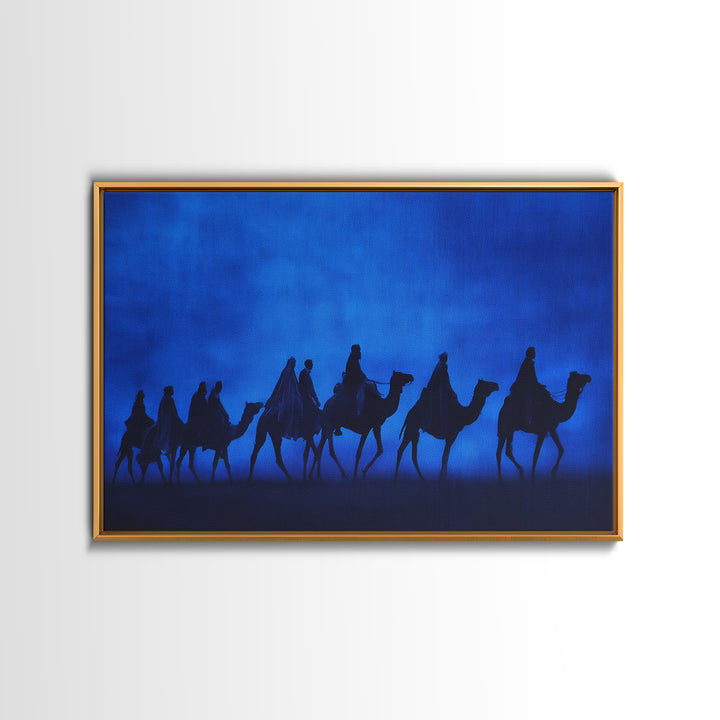 Blue Desert Camel Caravan Silhouette Wall Art, African Travel Poster, Sahara Safari Decor, Minimalist Canvas Print Gift For Him