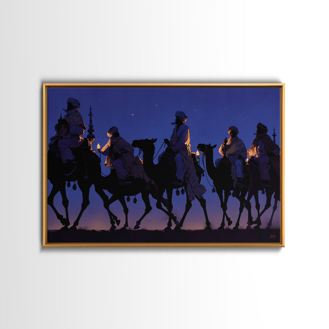 Blue Desert Camel Caravan With Lanterns Canvas Print, African Safari Art, Moroccan Travel Poster, Boho Wall Decor, Living Room Decor