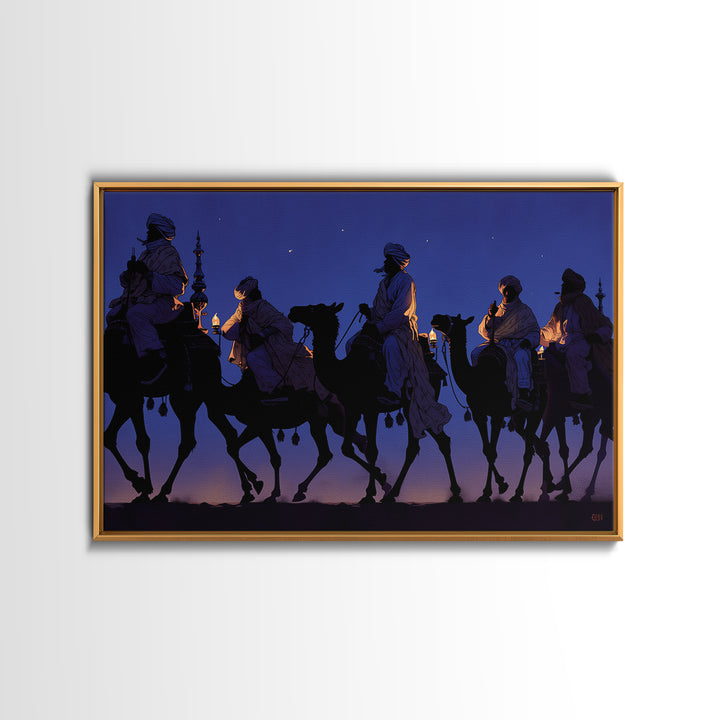 Blue Desert Camel Caravan With Lanterns Canvas Print, African Safari Art, Moroccan Travel Poster, Boho Wall Decor, Living Room Decor