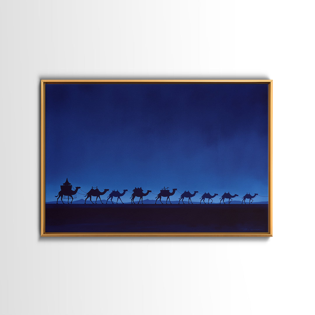 Minimalist Blue Camel Caravan Silhouette Wall Art, African Safari Print, Moroccan Travel Poster, Modern Desert Home Decor