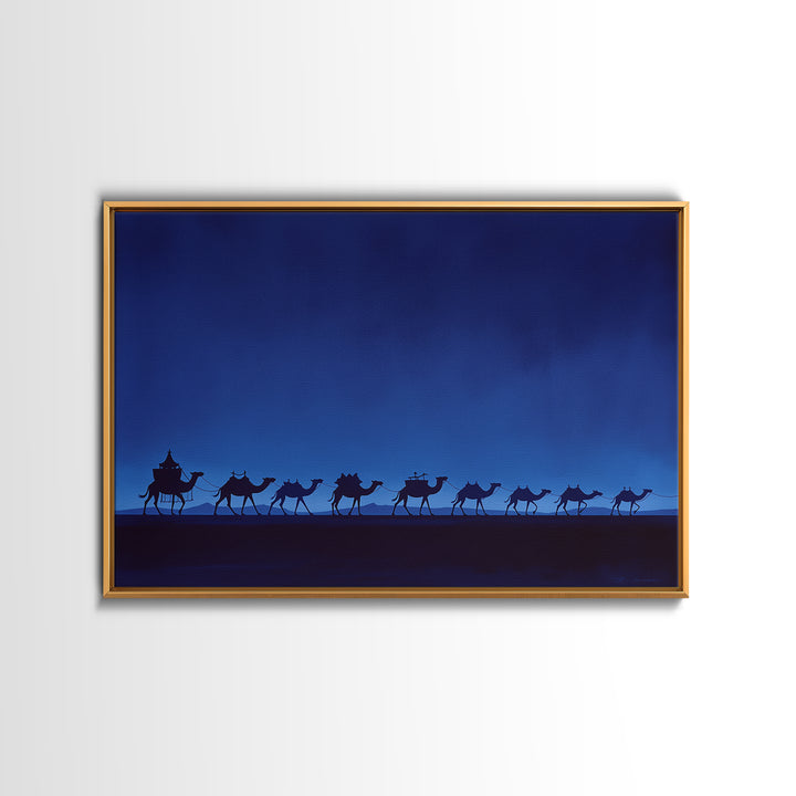 Minimalist Blue Camel Caravan Silhouette Wall Art, African Safari Print, Moroccan Travel Poster, Modern Desert Home Decor