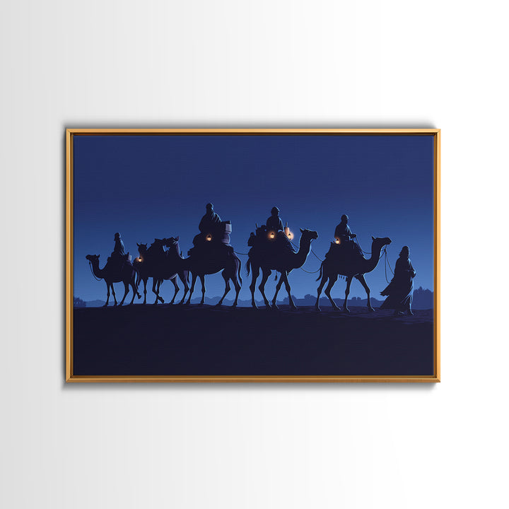 Midnight Camel Riders With Glowing Lanterns Canvas Print, African Safari Art, Blue Wall Decor, Moroccan Travel Gift For Home Decor