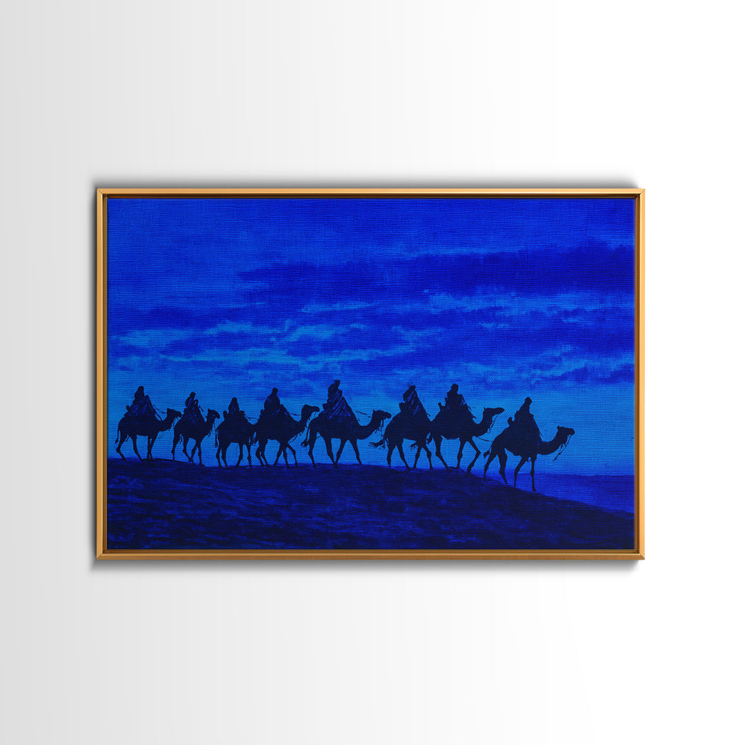 Textured Blue Camel Caravan On Ridge Wall Art, African Landscape Painting, Safari Decor, Boho Bedroom Wall Decor, Unique Home Decor