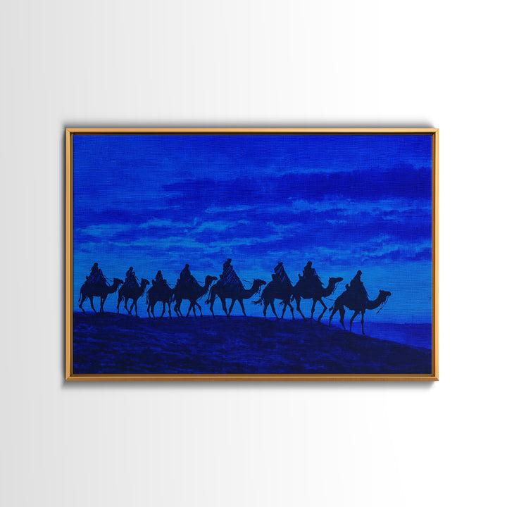 Textured Blue Camel Caravan On Ridge Wall Art, African Landscape Painting, Safari Decor, Boho Bedroom Wall Decor, Unique Home Decor