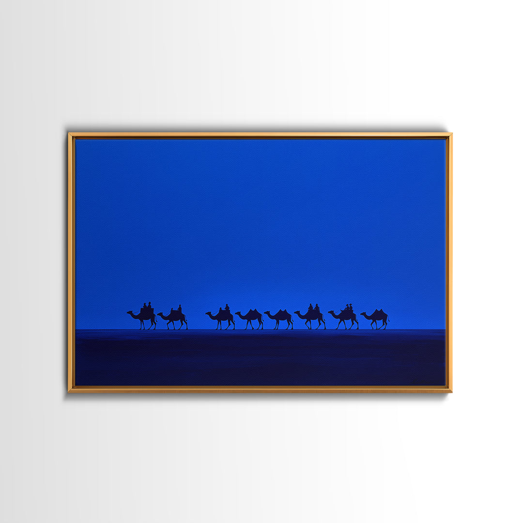 Minimalist Blue Desert Camel Caravan Canvas Print, African Safari Art, Modern Wall Decor, Large Living Room Artwork, Blue Home Decor