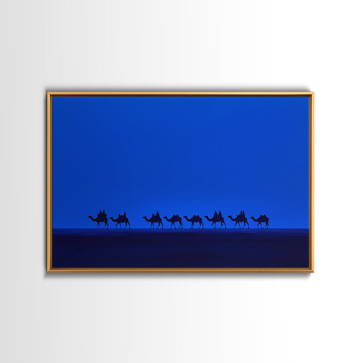 Minimalist Blue Desert Camel Caravan Canvas Print, African Safari Art, Modern Wall Decor, Large Living Room Artwork, Blue Home Decor