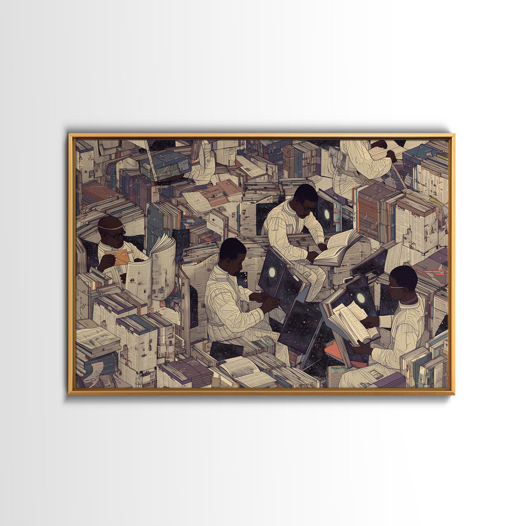 Surreal Black Scholars In Floating Book City Wall Art, Afrofuturism Decor, Black Culture Art, Unique Office Decor, Home Decor Gift