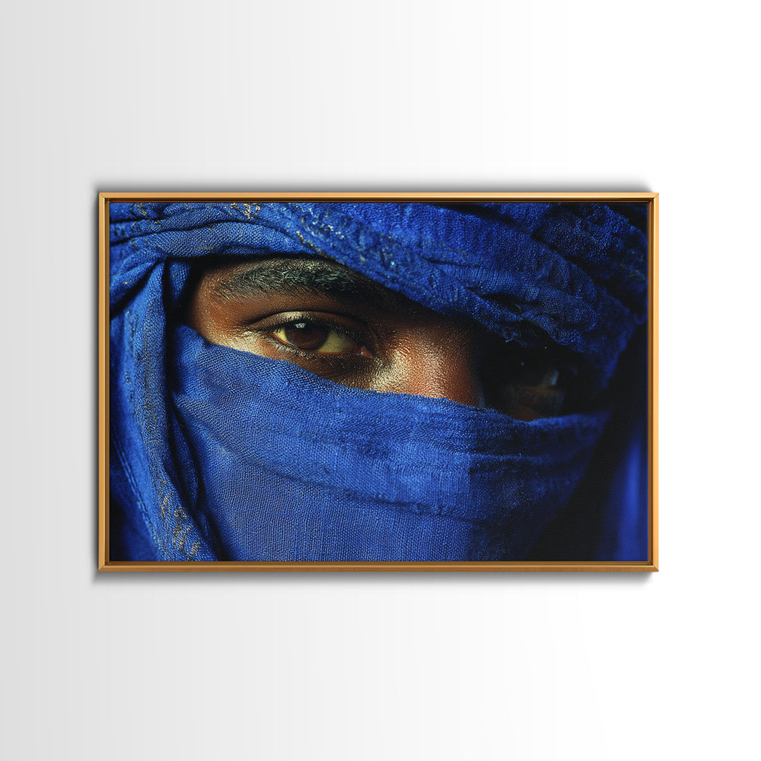 Blue Veiled Tuareg Eyes Portrait Framed Canvas Print, African Portrait, Moroccan Travel Art, Bold Cultural Wall Decor, Gift For Him