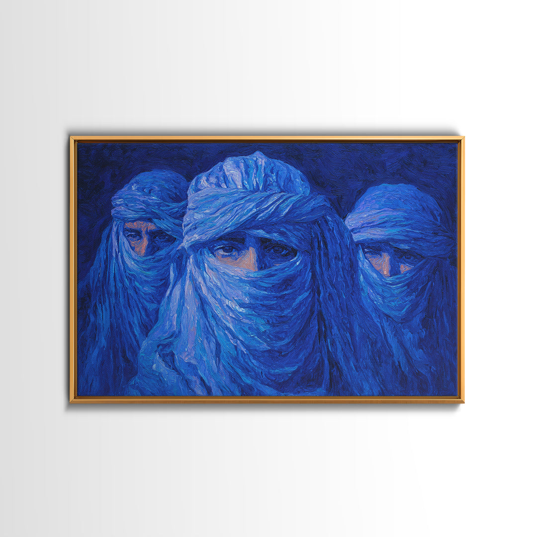 Blue Veiled Desert Nomad Portraits, African Wall Art, Tuareg Inspired Canvas Print, Afrocentric Decor, Bold Blue Gift For Home