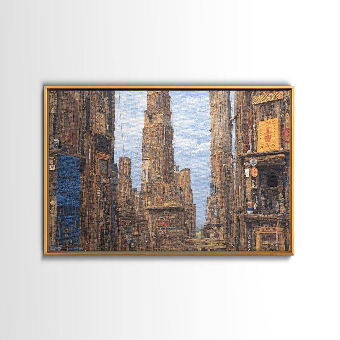 Textured Afro Futuristic City Street, Canvas Print, African Inspired Wall Art, Urban Architecture Decor, Cultural Home Gift
