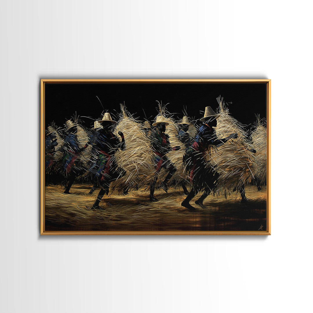 Night Straw Masquerade Dancers Framed Canvas Print, African Tribal Art, Cultural Wall Decor, Black Background Artwork, Gift