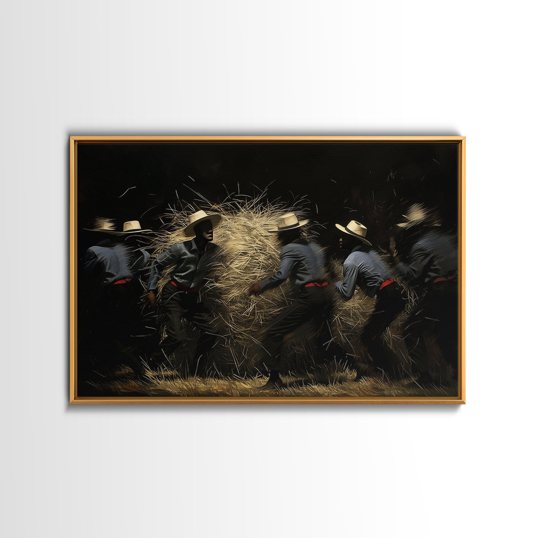 Midnight Harvest Dancers With Straw Wall Art, African Culture Art, Rustic Black Decor, Dynamic Canvas Print Gift For Him