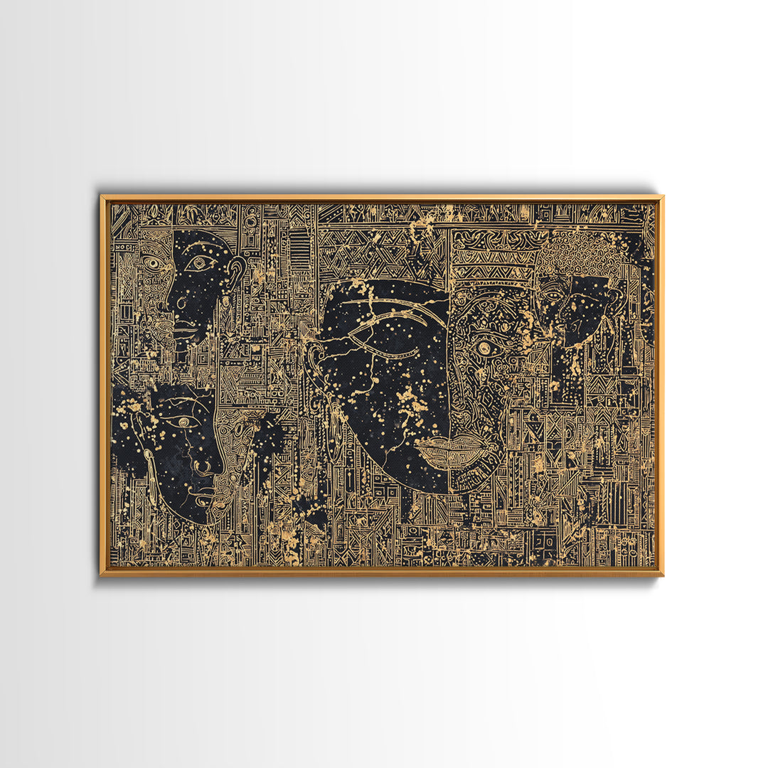 Golden Ancestral Faces And Geometric Tribal Patterns Wall Art, Afrocentric Black Culture Decor, Modern African Canvas Print