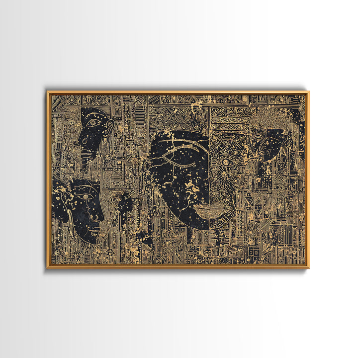 Golden Ancestral Faces And Geometric Tribal Patterns Wall Art, Afrocentric Black Culture Decor, Modern African Canvas Print