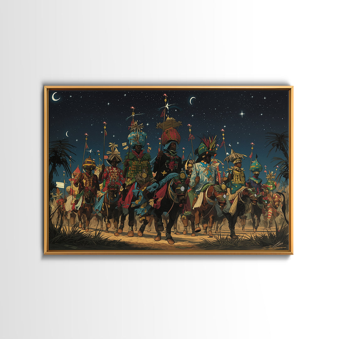 Starry Desert African Warriors On Horseback Framed Canvas Print, Tribal Procession Wall Decor, Afrocentric Safari Art Gift