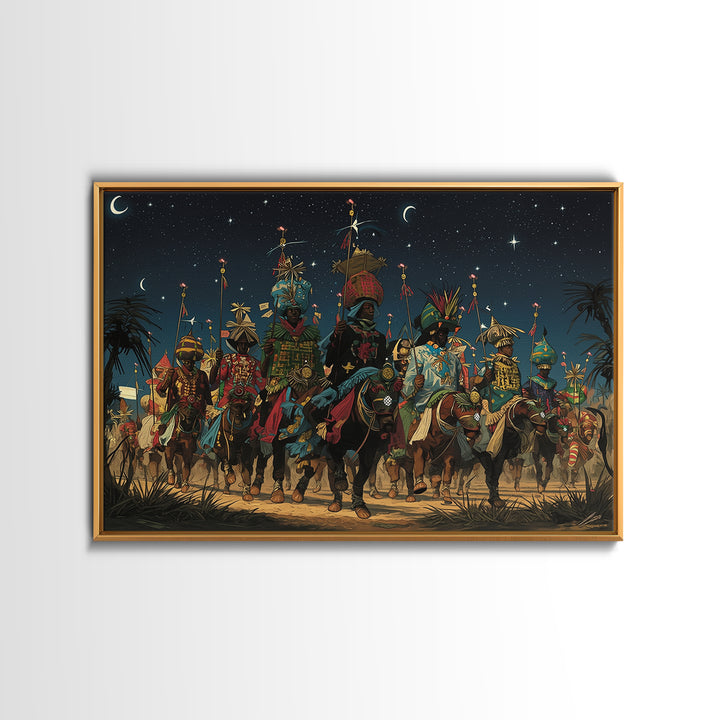 Starry Desert African Warriors On Horseback Framed Canvas Print, Tribal Procession Wall Decor, Afrocentric Safari Art Gift