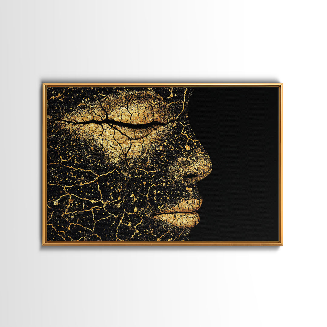 Golden Cracked Black Woman Profile Portrait Wall Art, Elegant Afrocentric Decor, Modern Black Art Print, Luxury Canvas Gift