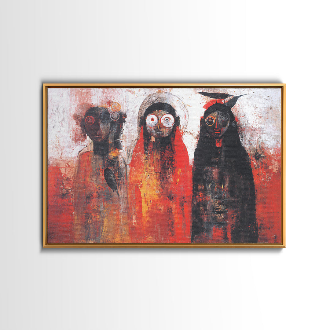 Mystic Three Tribal Figures In Red And Black Abstract Wall Art, African Mask Art Decor, Spiritual Afrocentric Canvas Print
