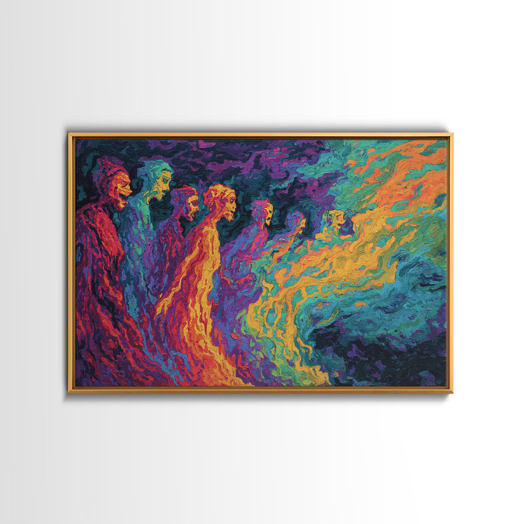 Vibrant Spectral Figures Facing A Swirling Cosmic Sea Canvas Print, Abstract African Art, Colorful Wall Decor Gift, Modern Art