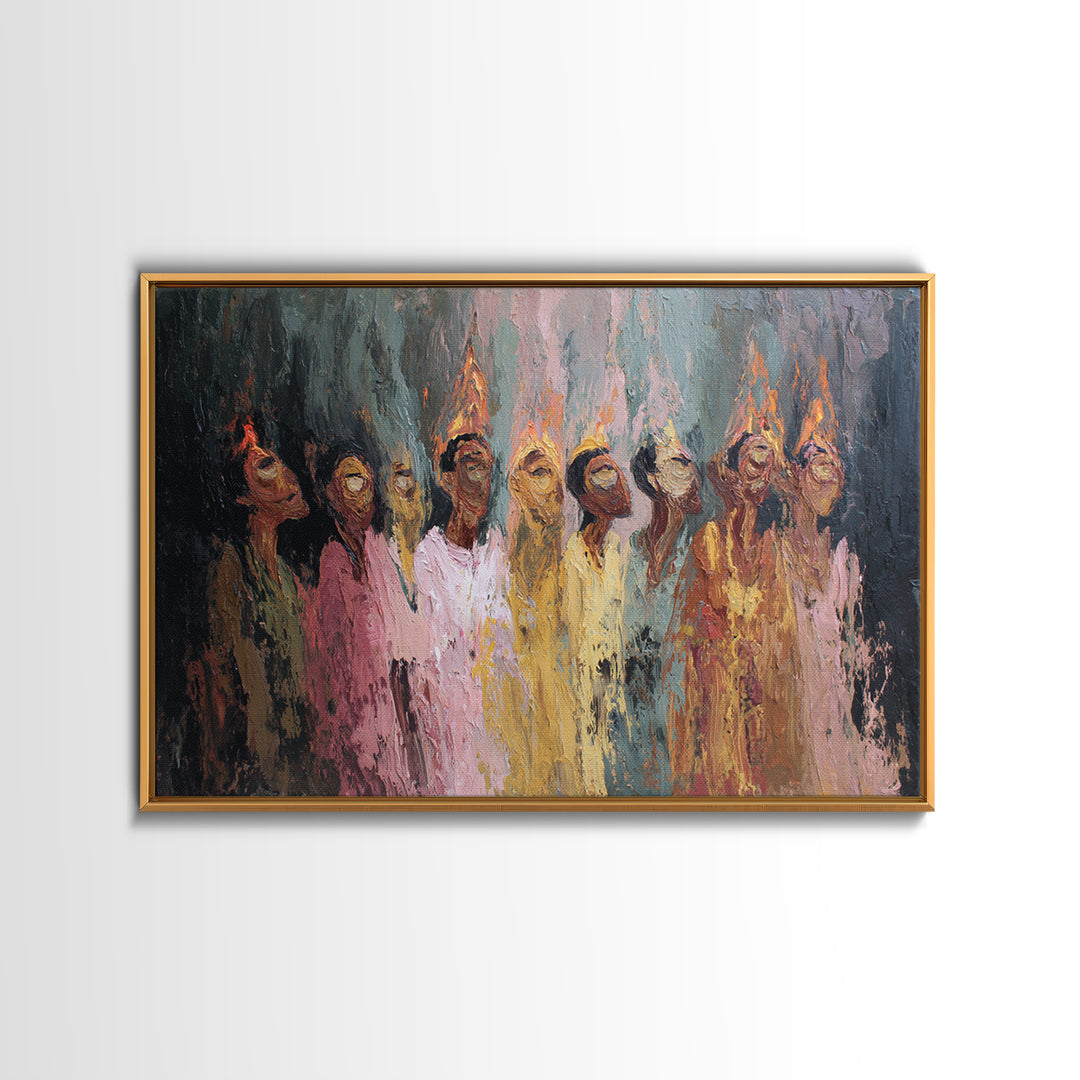 Textured Women In Fiery Robes With Tall Flame Crowns Framed Canvas Print, African Women Art, Elegant Wall Decor, Home Decor Gift