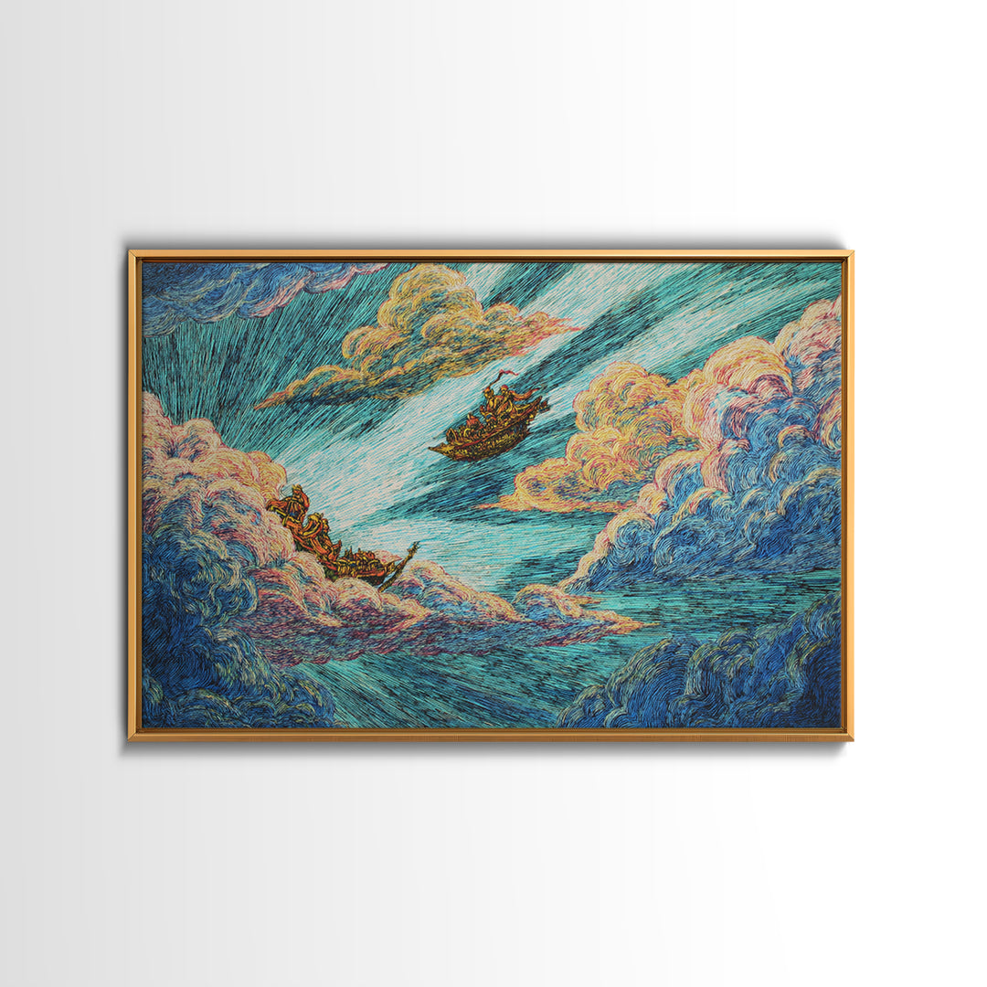 Dreamy Boats Sailing Through Clouds And Turquoise Waves Canvas Print, African Inspired Fantasy Wall Art, Colorful Decor Gift