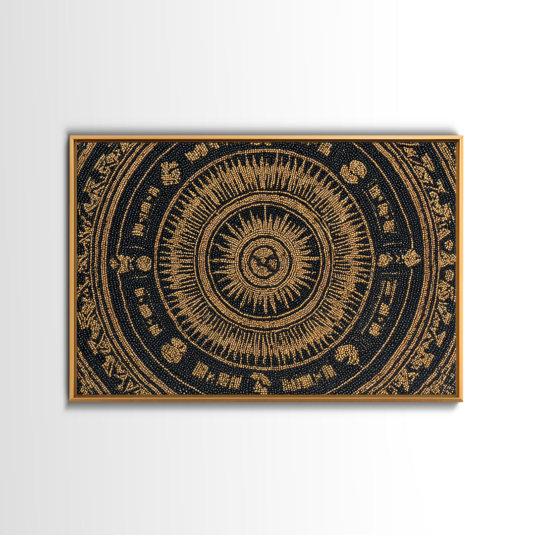 Gold Black African Mandala Bead Pattern Framed Canvas Print, Spiritual Circle Wall Decor, Elegant Ethnic Home Decor Gift