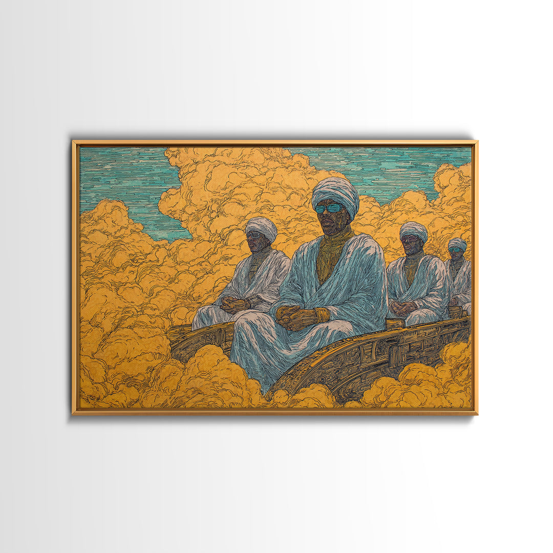 African Men In White Robes On Golden Cloud Canvas Print, Surreal Desert Journey, Cultural Wall Decor, Ethnic Home Decor Gift