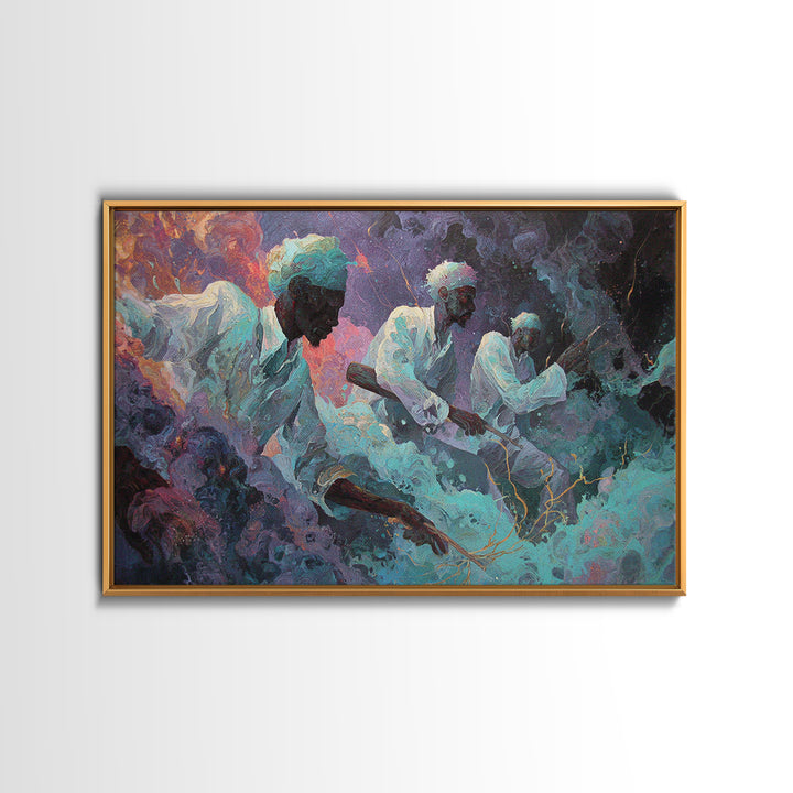 Mystical African Men In White Robes Canvas Print, Dreamy Cosmic Smoke Painting, Spiritual Afrocentric Wall Decor, Home Decor