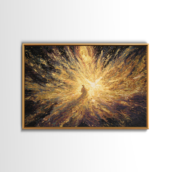 Radiant Golden Spiritual Figure Wall Art, Abstract Light Burst Painting, Mystical Afrocentric Decor, Statement Home Decor