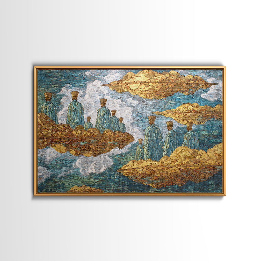 Surreal Floating Island Figures Wall Art, Blue And Gold African Inspired Decor, Dreamy Abstract Ethnic Art Print, Modern Canvas