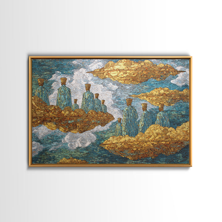 Surreal Floating Island Figures Wall Art, Blue And Gold African Inspired Decor, Dreamy Abstract Ethnic Art Print, Modern Canvas