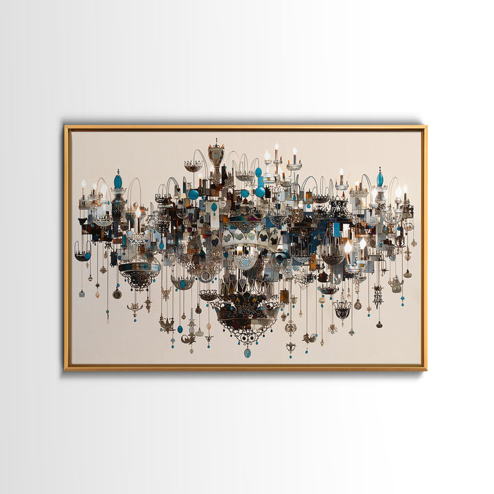 Ornate Blue Jewel Chandelier Framed Canvas Print, Luxury Lighting Wall Decor, Elegant Home Decor, Maximalist Statement Art