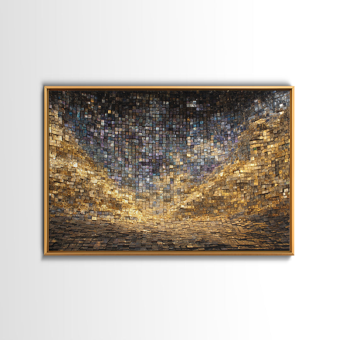 Golden Mosaic Tile Abstract Wall Art, Blue Gold Geometric Canvas Decor, Luxury Textured Art Print, Modern Statement Wall Decor