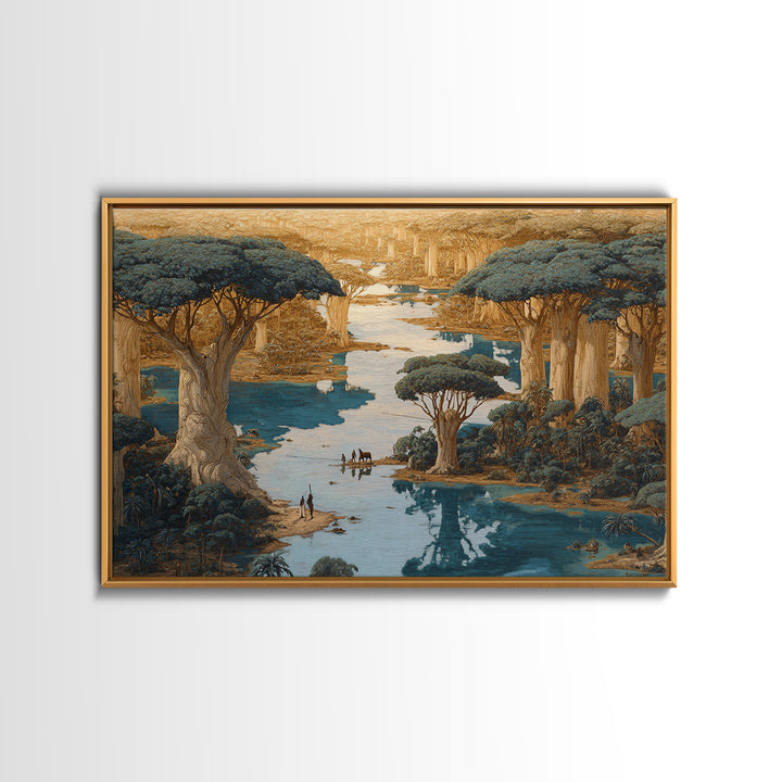 Golden Baobab River Landscape Wall Art, African Safari Decor, Fantasy Nature Scene Art, Earth Tone Canvas Print For Living Room