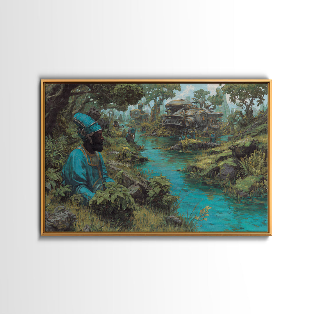Blue Robed African Man By Jungle River Wall Art, Steampunk Train Landscape, Afrocentric Decor, Modern African Art Print Gift