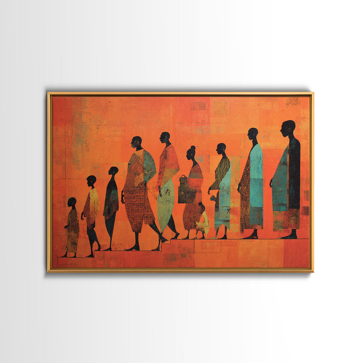 African Family Silhouette Wall Art, Orange Abstract Canvas Print, Ancestral Journey Decor, Black Culture Home Decor Gift