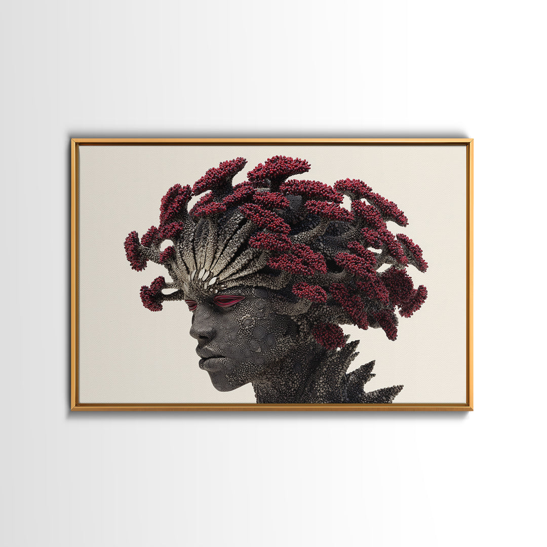Afrofuturist Woman Portrait Wall Art, Red Coral Hair Canvas Print, Black Goddess Decor, Bold African Beauty Gift For Her