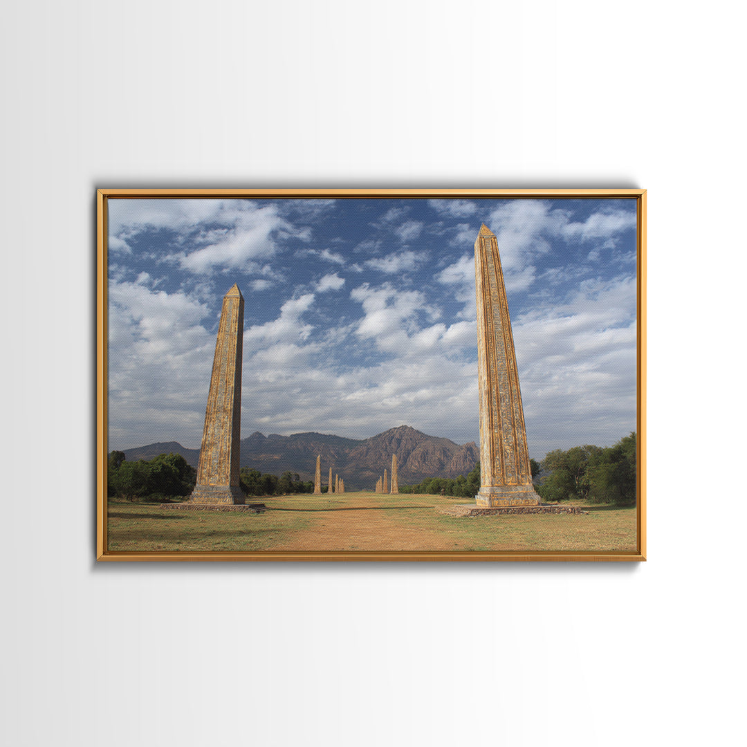 Ancient African Obelisks Wall Art, Monument Landscape Canvas Print, Ethiopia Inspired Travel Decor, Cultural Home Art Gift