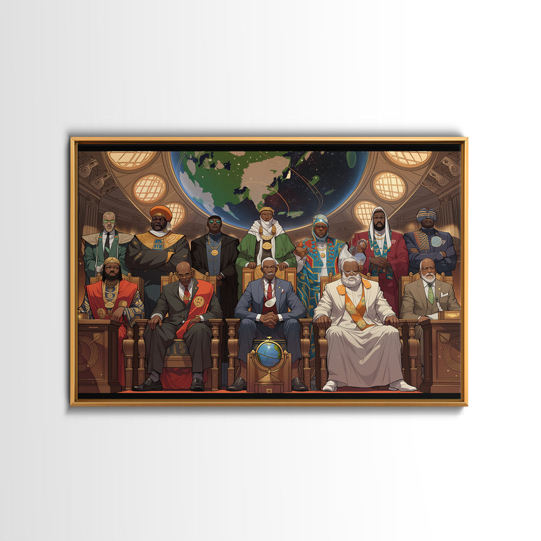 Afrofuturist African Council Portrait Canvas Print, Black Leaders, African American Art, Afrocentric Cultural Wall Decor