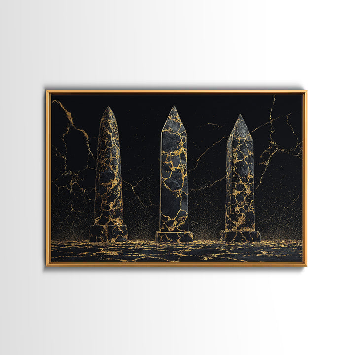 Black And Gold Cracked Obelisks Wall Art, Abstract African Art, Luxury Canvas Decor, Modern Textured Statement Wall Decor