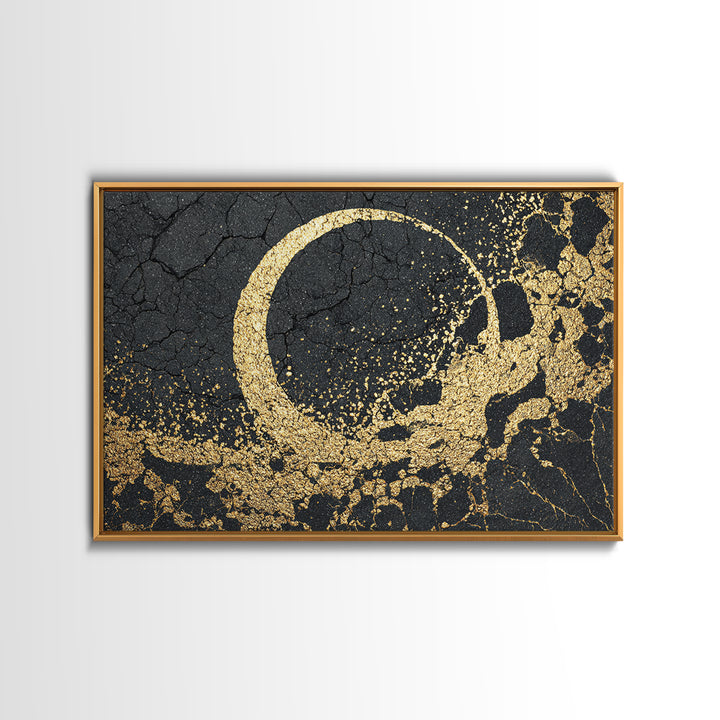 Gold Crescent On Cracked Black Stone Wall Art, Abstract Black Art, Luxury Canvas Art, Spiritual Statement Modern Home Decor Gift