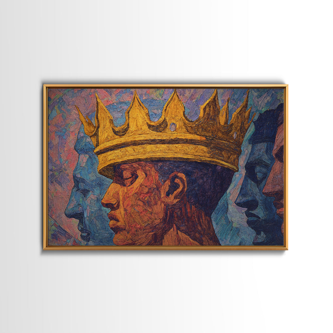Crowned African King Portrait With Blue Spirit Faces Wall Art, Afrocentric Black History Gift, African American Art Decor