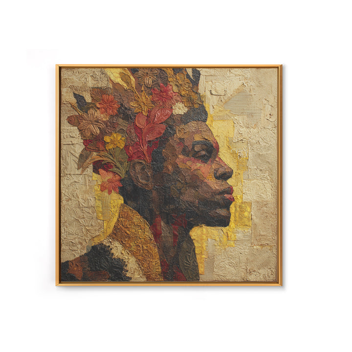 Expressive Portrait with Ornate Floral Background and Canvas Print, African Inspired Art, Fine Art Print, Living Room Decor, AIA-1x1-29