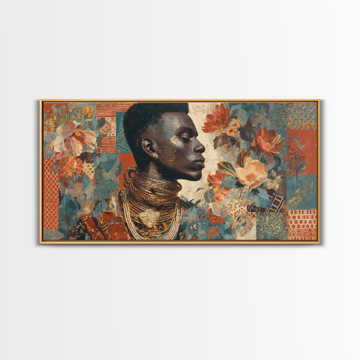 Expressive Portrait with Ornate Floral Background and Canvas Print, African Inspired Art, Abstract Art, Living Room Decor, AIA-2x1-49