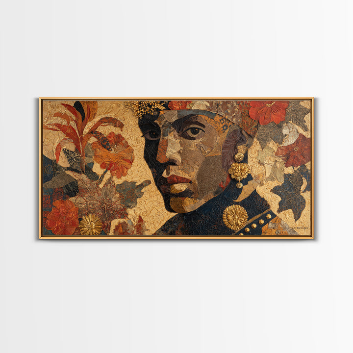 Expressive Portrait with Ornate Floral Background and Canvas Print, African Inspired Art, Abstract Art, Living Room Decor, AIA-2x1-73